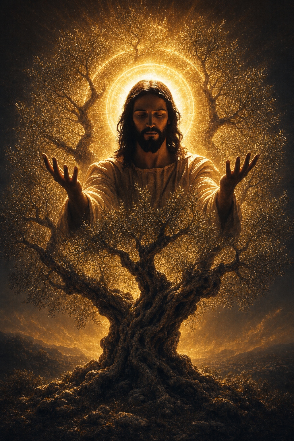 Christ emerging from an ancient olive tree, surrounded by a radiant golden aura